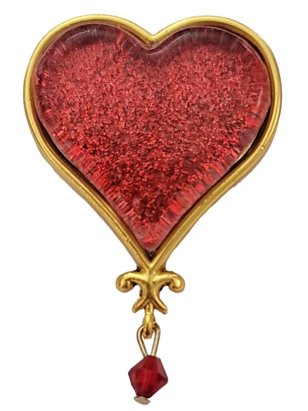 Gold Tone Red Glass Heart Crystal Dangle Lapel Scatter Pin K869